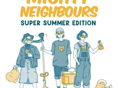 Mighty Neighbours Super Summer Edition with characters, Lena the Litter Legend, Sonny the Spark, and Poop Scoopin' Penny