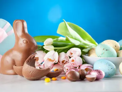 Easter stock photo- chocolate bunny, tulips, eggs