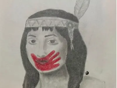 Pocahontas sketch red handprint on mouth 