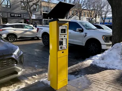 Downtown parking kiosk winter 2024