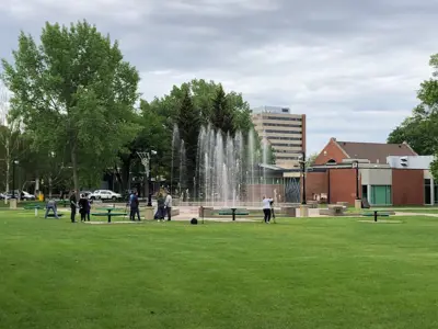 Galt Garden water fountain media crew on site