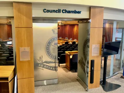 Council Chamber outside with one open door